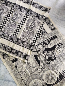 Kalamkari Chennuri Silk Black& white Hand Painted Sarees