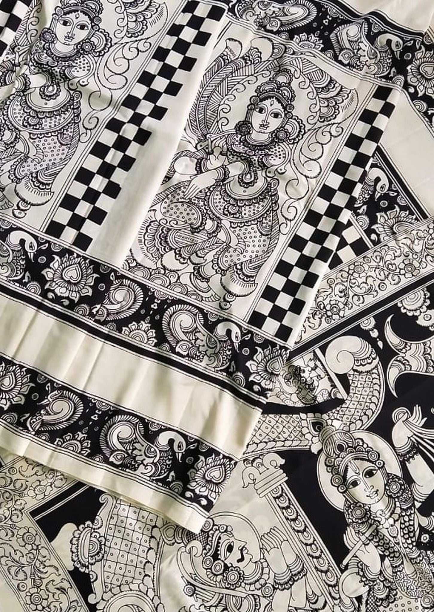 Kalamkari Chennuri Silk Black& white Hand Painted Sarees