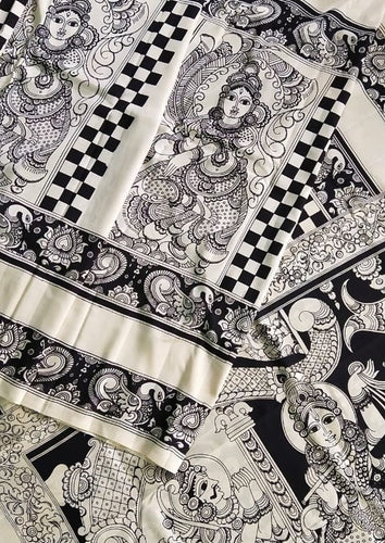 Kalamkari Chennuri Silk Black& white Hand Painted Sarees