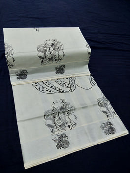 Printed Kerala Cotton Tissue (Silver Zari )