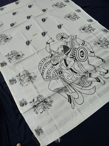 Printed Kerala Cotton Tissue (Silver Zari )