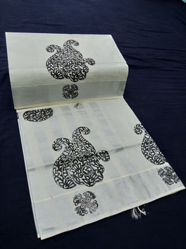 Printed Kerala Cotton Tissue (Silver Zari )