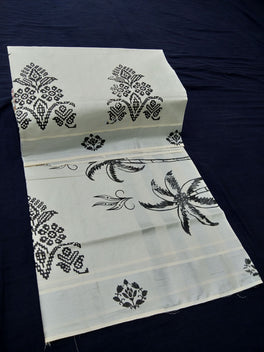 Printed Kerala Cotton Tissue (Silver Zari )