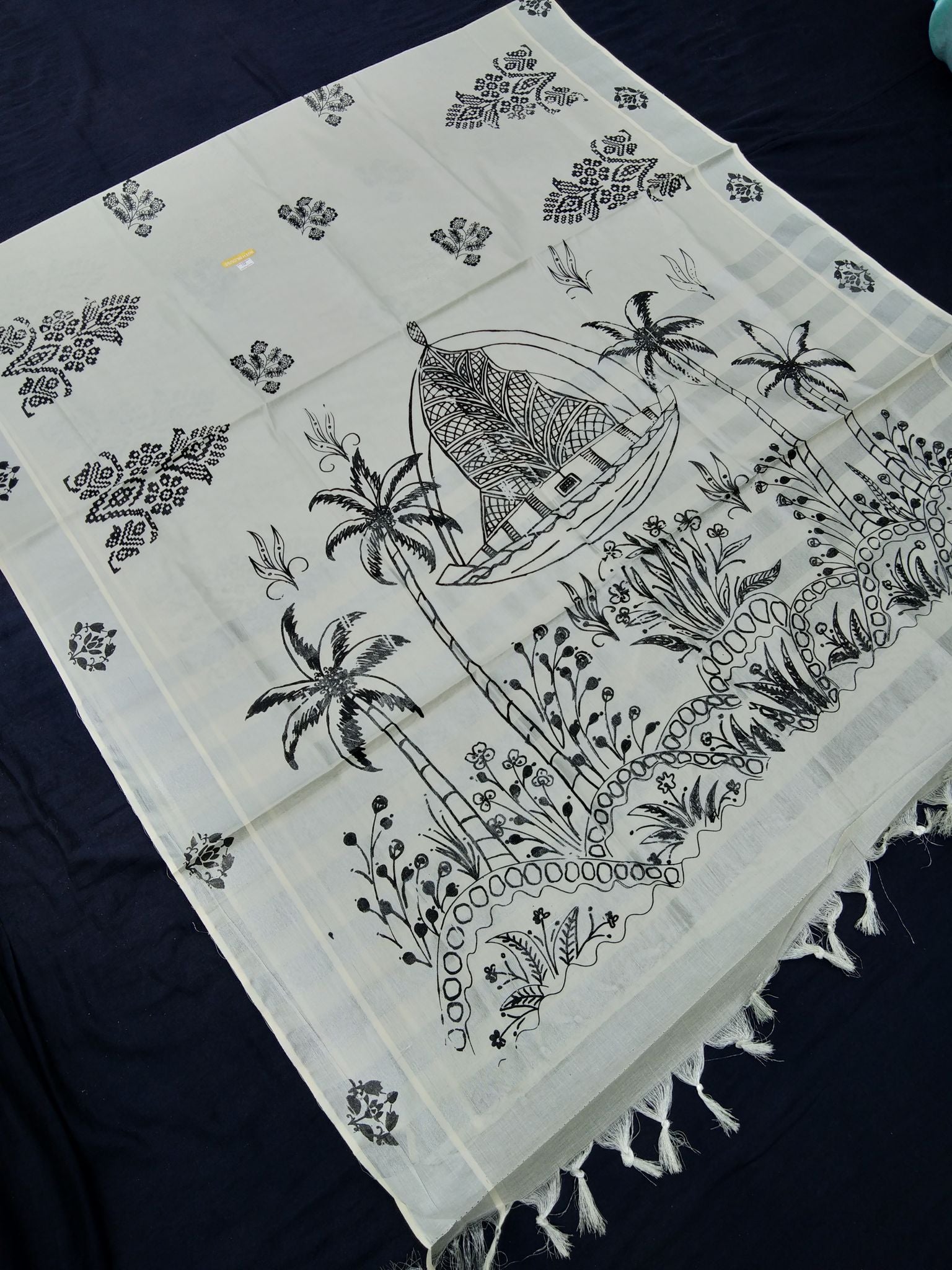 Printed Kerala Cotton Tissue (Silver Zari )
