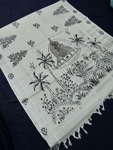 Printed Kerala Cotton Tissue (Silver Zari )