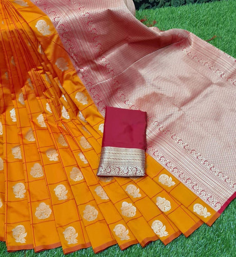 Haldi Colord Soft Silk Saree Rich Border With Checked Buttas