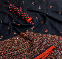 Glossy Embroidery Looked Mirror Work Jute Silk Saree