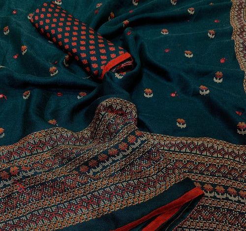 Glossy Embroidery Looked Mirror Work Jute Silk Saree