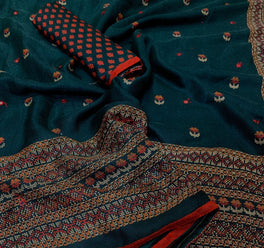 Glossy Embroidery Looked Mirror Work Jute Silk Saree