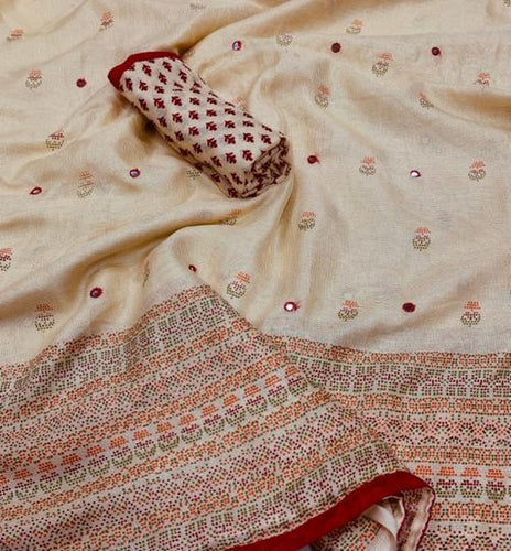 Glossy Embroidery Looked Mirror Work Jute Silk Saree