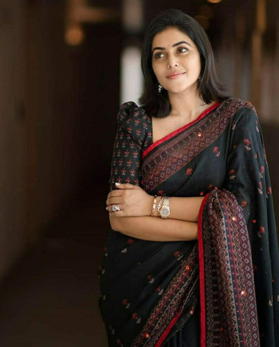 Glossy Embroidery Looked Mirror Work Jute Silk Saree