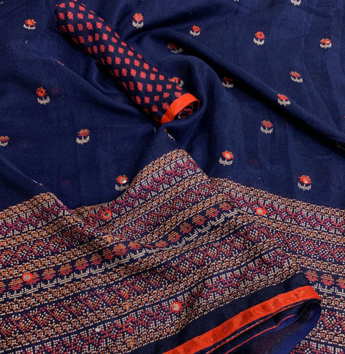 Glossy Embroidery Looked Mirror Work Jute Silk Saree