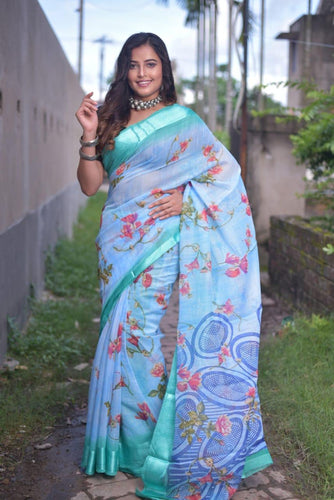 Classy Soft Linen Saree With Floral Design
