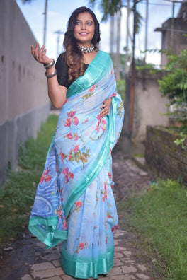 Classy Soft Linen Saree With Floral Design