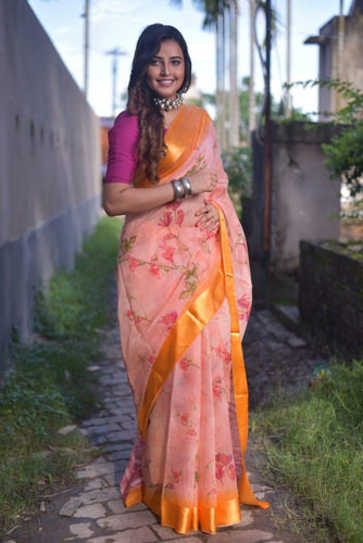 Classy Soft Linen Saree With Floral Design