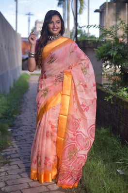 Classy Soft Linen Saree With Floral Design