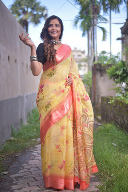 Classy Soft Linen Saree With Floral Design