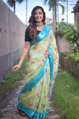 Classy Soft Linen Saree With Floral Design