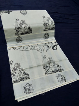 Printed Kerala Cotton Tissue (Silver Zari )