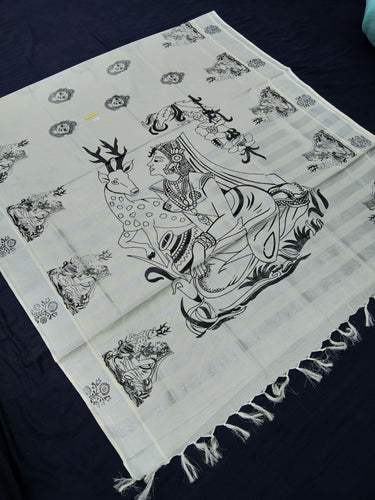 Printed Kerala Cotton Tissue (Silver Zari )