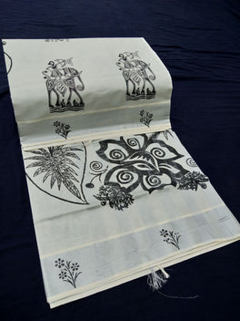 Printed Kerala Cotton Tissue (Silver Zari )