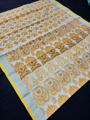 Printed Semi Cotton Slub Lenin With Silver Zari Border