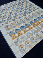 Load image into Gallery viewer, Printed Semi Cotton Slub Lenin With Silver Zari Border