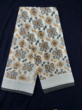 Printed Semi Cotton Slub Lenin With Silver Zari Border