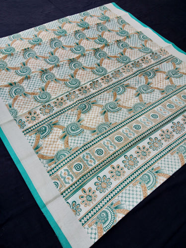 Printed Semi Cotton Slub Lenin With Silver Zari Border