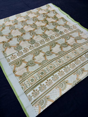 Printed Semi Cotton Slub Lenin With Silver Zari Border