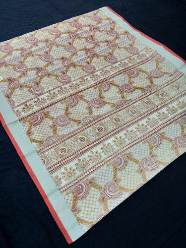 Printed Semi Cotton Slub Lenin With Silver Zari Border