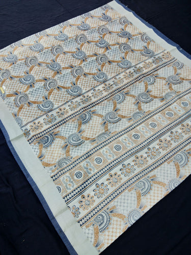 Printed Semi Cotton Slub Lenin With Silver Zari Border