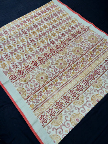 Printed Semi Cotton Slub Lenin With Silver Zari Border