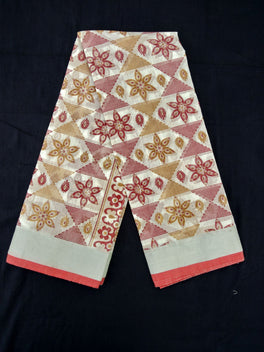 Printed Semi Cotton Slub Lenin With Silver Zari Border