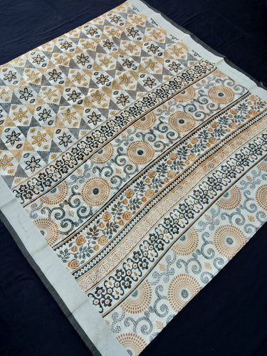 Printed Semi Cotton Slub Lenin With Silver Zari Border