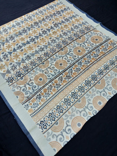 Printed Semi Cotton Slub Lenin With Silver Zari Border