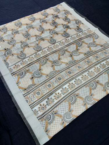 Printed Semi Cotton Slub Lenin With Silver Zari Border