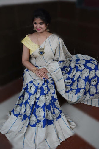 Linen Chanderi Kalamkari Printed Saree