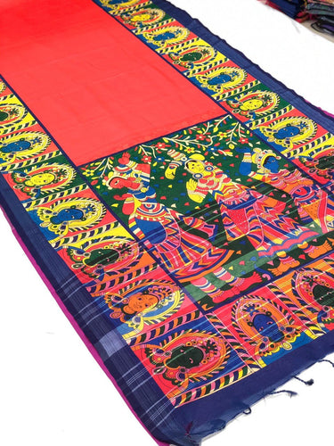 Pursabhar Lenin Saree With Kalamkari Digital Prints