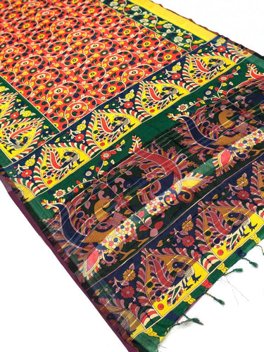 Pursabhar Lenin Saree With Kalamkari Digital Prints
