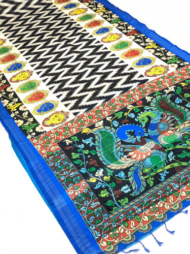 Pursabhar Lenin Saree With Kalamkari Digital Prints