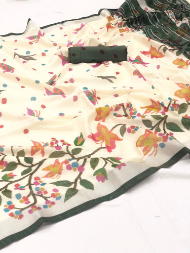 Elegant Printed Linen Silk Saree