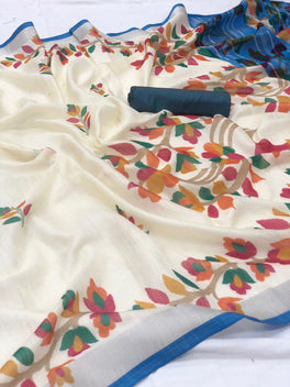 Elegant Printed Linen Silk Saree