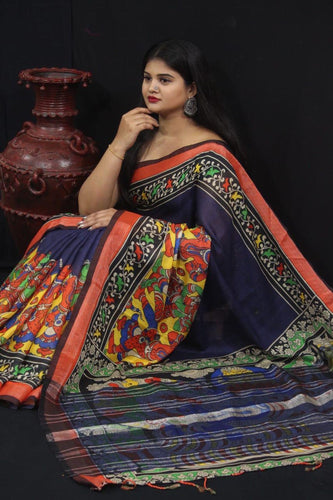 Pursabhar Linen Saree With Kalamkari Digital Print