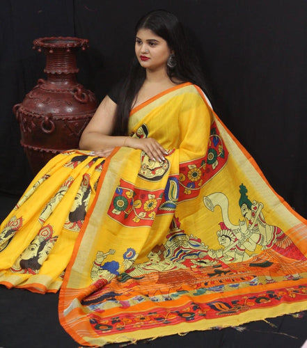 Pursabhar Linen Saree With Kalamkari Digital Print