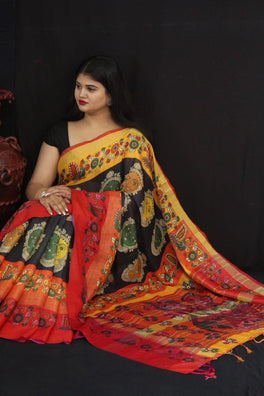 Pursabhar Linen Saree With Kalamkari Digital Print