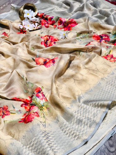 Mushroom Cotton Kalamkari Digital Printed Saree