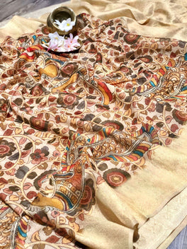 Mushroom Cotton Kalamkari Digital Printed Saree
