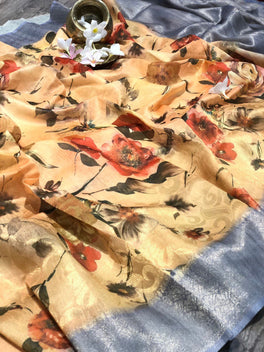 Mushroom Cotton Kalamkari Digital Printed Saree